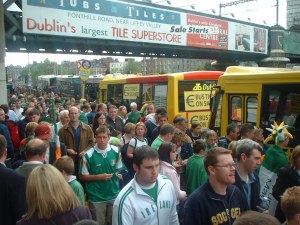 Passengers queueing for the shuttle buses to the Phoenix Park to welcome the Irish team back from Japan in May 2002